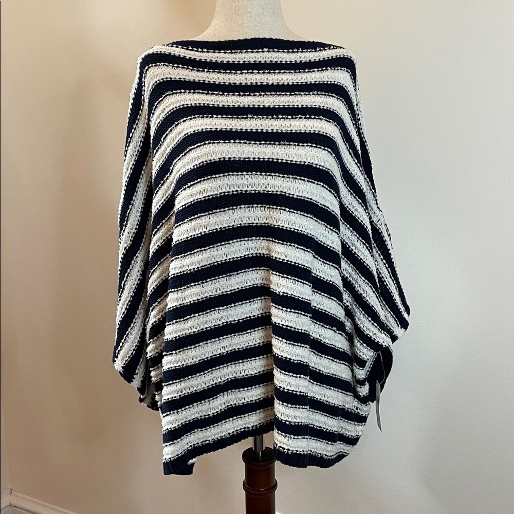Anthropologie Evie Poncho Sweater Dolman Sleeve Navy White M/L NWT - Picture 1 of 8